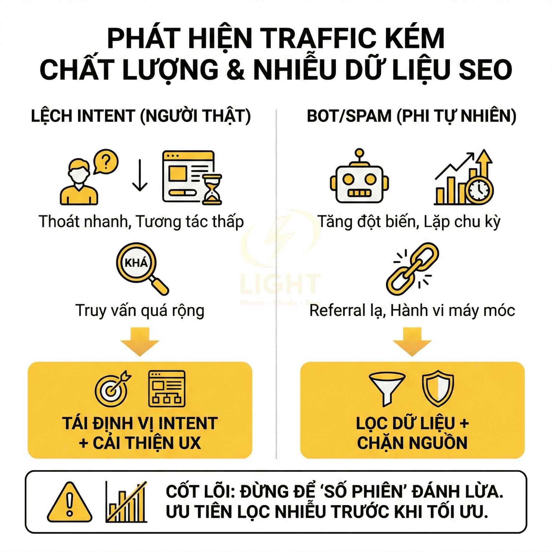 Hướng dẫn phát hiện traffic kém chất lượng và nhiễu dữ liệu SEO, cách xử lý lệch intent và bot spam