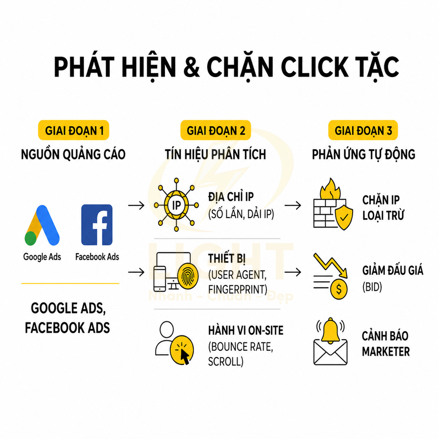 Quy trình phát hiện và chặn click tặc cho quảng cáo Google Ads và Facebook Ads qua phân tích IP thiết bị và hành vi onsite