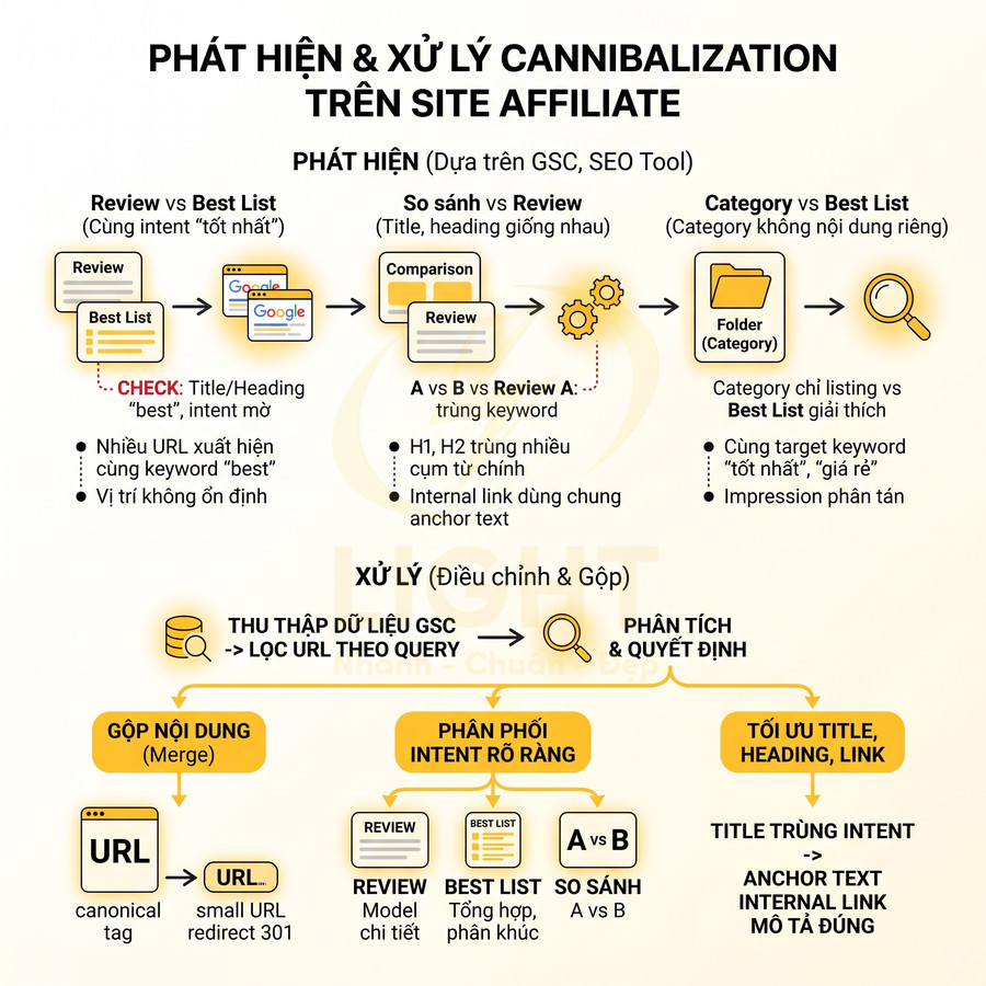 Quy trình phát hiện và xử lý cannibalization từ khóa trên site affiliate bằng GSC và SEO tool