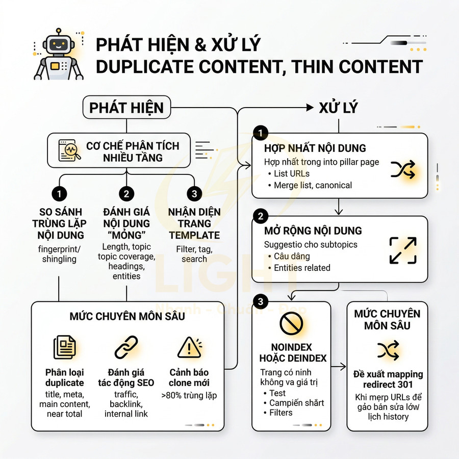 Sơ đồ quy trình phát hiện và xử lý duplicate content, thin content trong tối ưu SEO website