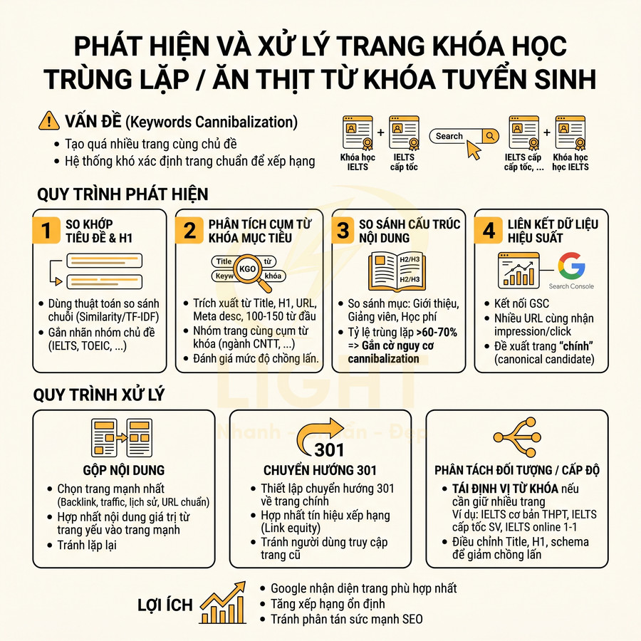 Infographic quy trình phát hiện và xử lý trùng lặp từ khóa tuyển sinh cho trang khóa học SEO