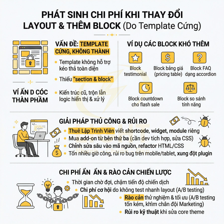 Infographic tiếng Việt về chi phí phát sinh khi thay đổi layout, thêm block trên website do template cứng