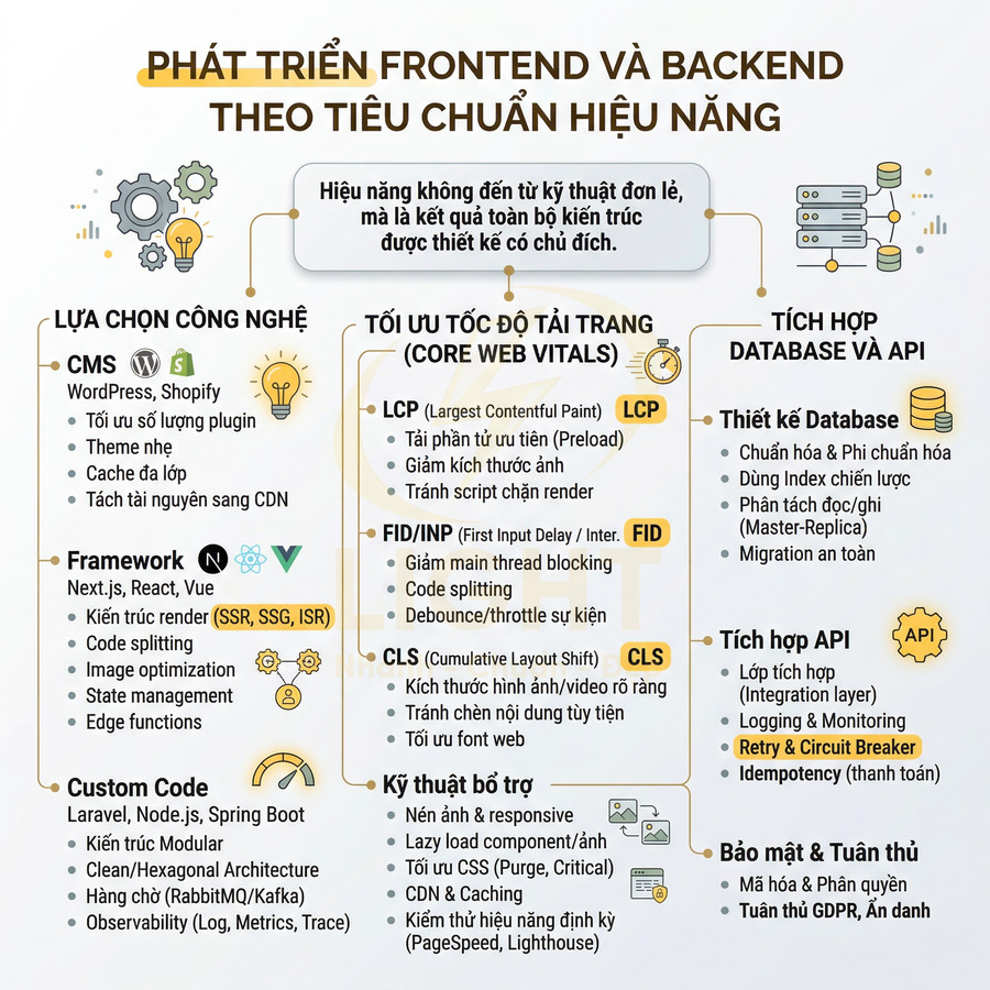 Infographic phát triển frontend backend chuẩn hiệu năng với lựa chọn công nghệ, tối ưu Core Web Vitals và tích hợp database API