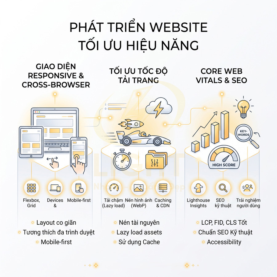 Minh họa các yếu tố phát triển website tối ưu hiệu năng về responsive, tốc độ tải trang và Core Web Vitals SEO