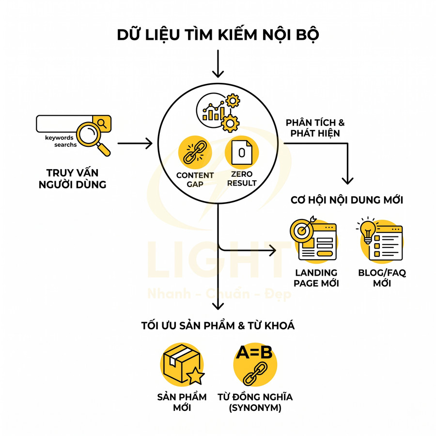 Quy trình tận dụng dữ liệu tìm kiếm nội bộ để tối ưu sản phẩm, từ khóa và tạo nội dung mới cho website