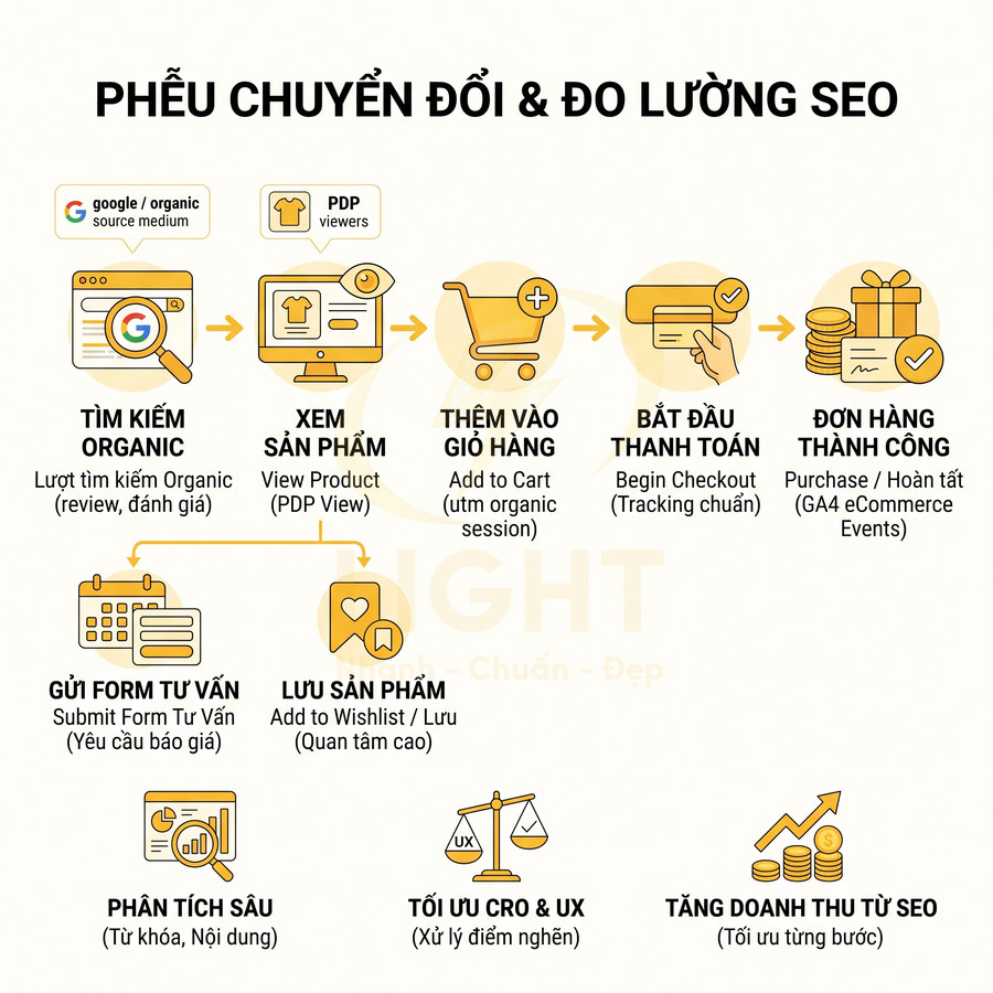 Phễu chuyển đổi và đo lường SEO từ tìm kiếm organic đến đơn hàng thành công và tối ưu doanh thu