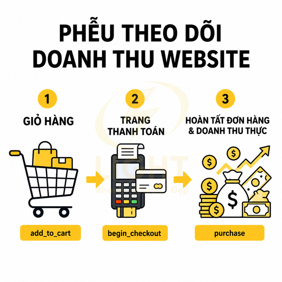 Phễu theo dõi doanh thu website với 3 bước giỏ hàng, trang thanh toán và hoàn tất đơn hàng