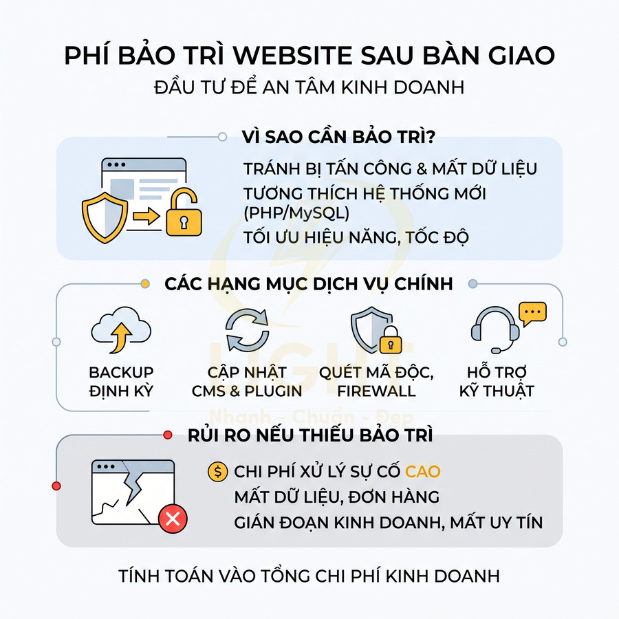 Infographic phí bảo trì website sau bàn giao với lý do, hạng mục dịch vụ và rủi ro nếu không bảo trì