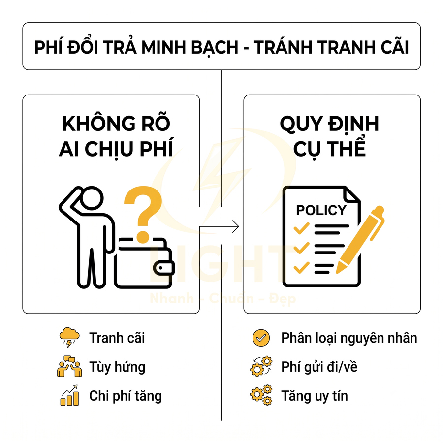 Minh họa lợi ích quy định phí đổi trả minh bạch giúp phân loại nguyên nhân, giảm tranh cãi và tăng uy tín cho doanh nghiệp