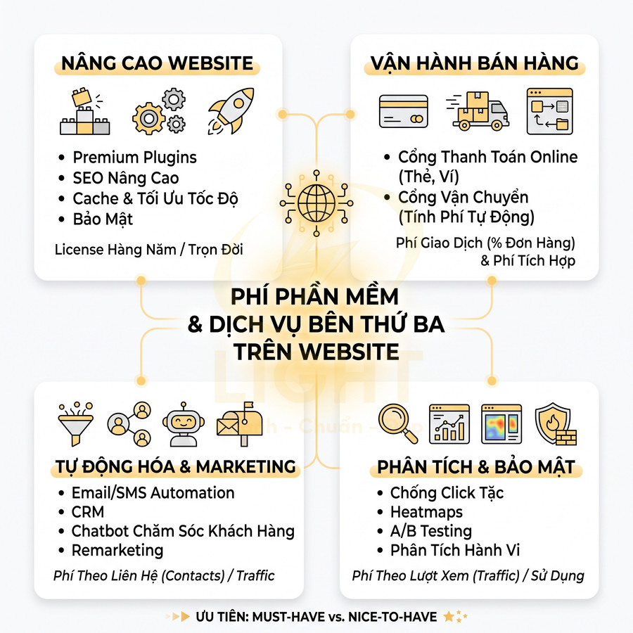 Mô tả các loại phí phần mềm và dịch vụ bên thứ ba cần cho vận hành và marketing website