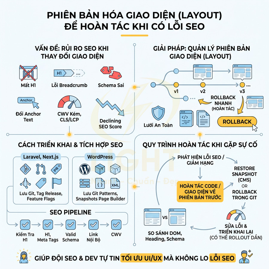 Infographic quy trình phiên bản hóa giao diện website để rollback khi gặp lỗi SEO và tối ưu UIUX