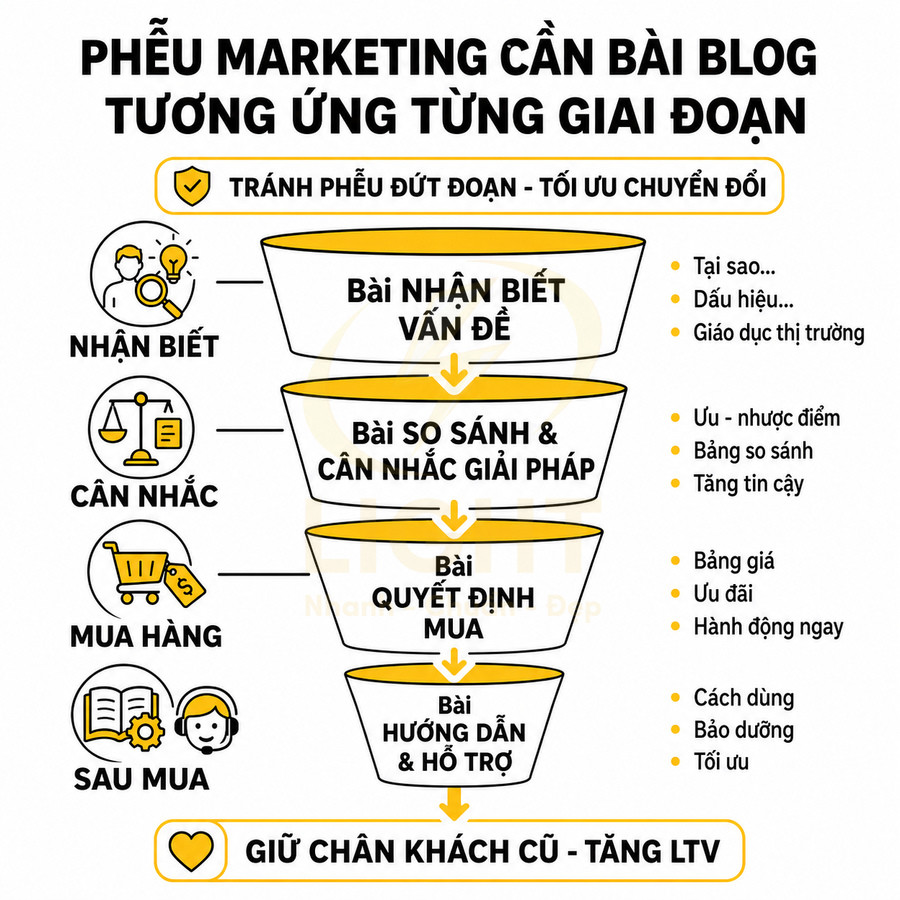 Mô hình phễu marketing với các loại bài blog cho từng giai đoạn từ nhận biết đến sau mua
