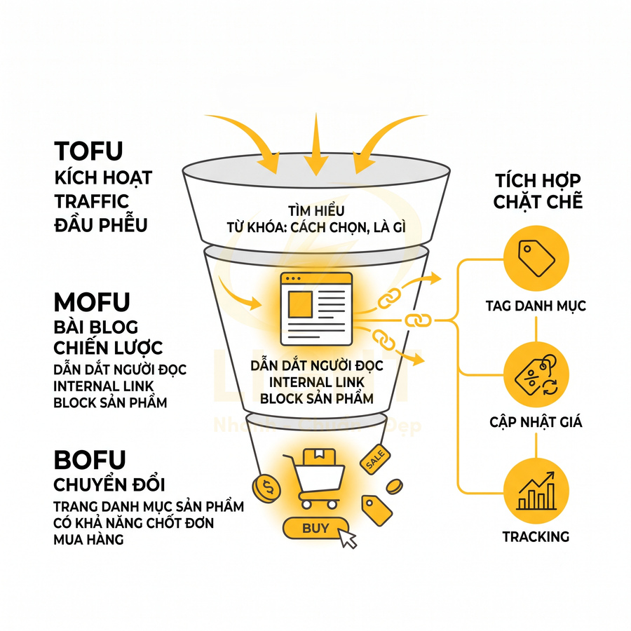 Mô hình phễu marketing TOFU MOFU BOFU minh họa quy trình dẫn dắt khách truy cập đến mua hàng online