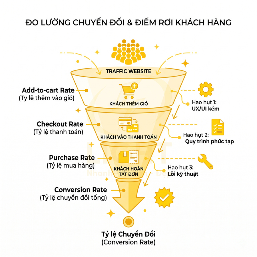 Phễu đo lường tỷ lệ chuyển đổi website thương mại điện tử và các điểm rơi khách hàng từng bước
