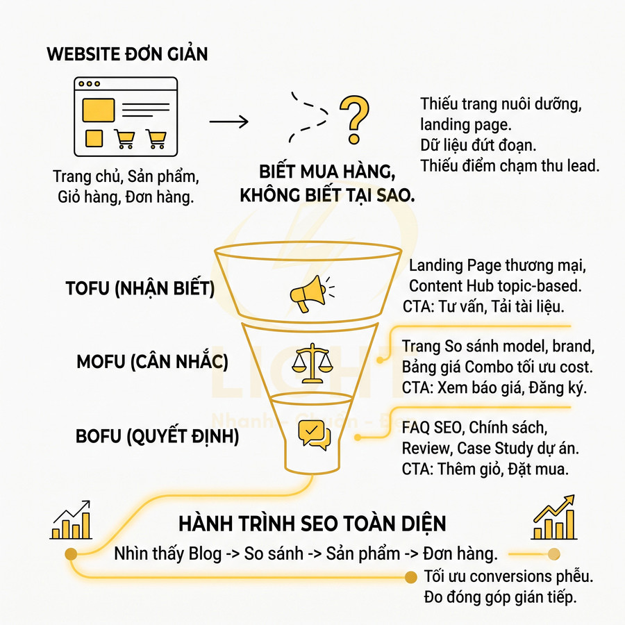 Mô hình phễu marketing TOFU MOFU BOFU minh họa hành trình SEO từ blog đến sản phẩm và đơn hàng