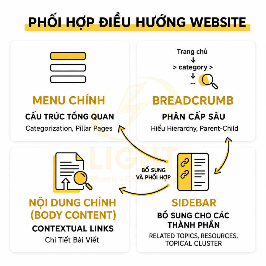 Sơ đồ phối hợp điều hướng website với menu chính, breadcrumb, nội dung chính và sidebar hỗ trợ liên kết nội bộ
