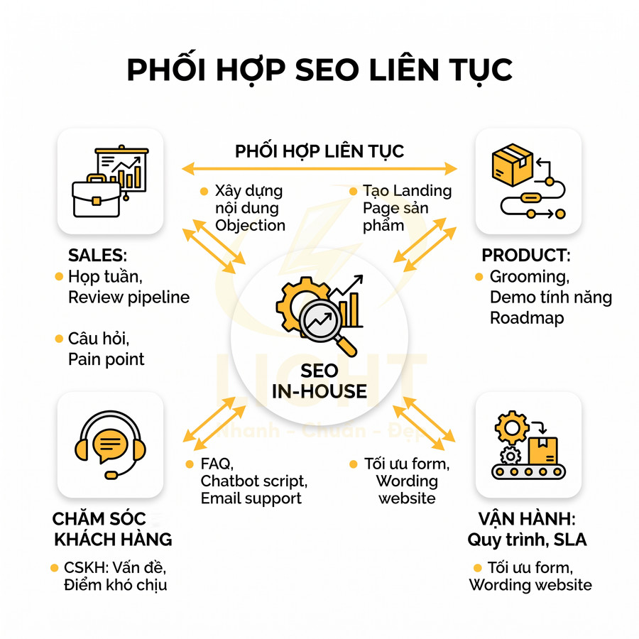 Mô hình phối hợp SEO inhouse liên tục giữa sales, product, chăm sóc khách hàng và vận hành