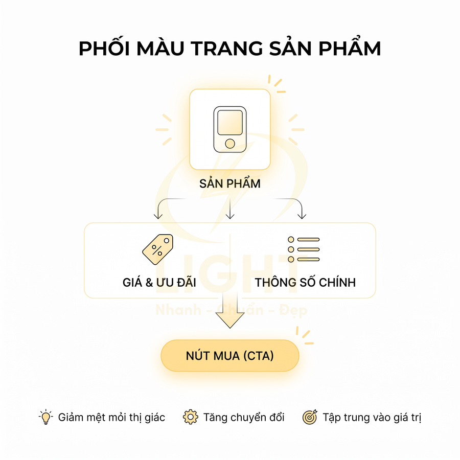 Sơ đồ bố cục trang sản phẩm với hình minh họa điện thoại, giá ưu đãi, thông số và nút mua CTA màu vàng