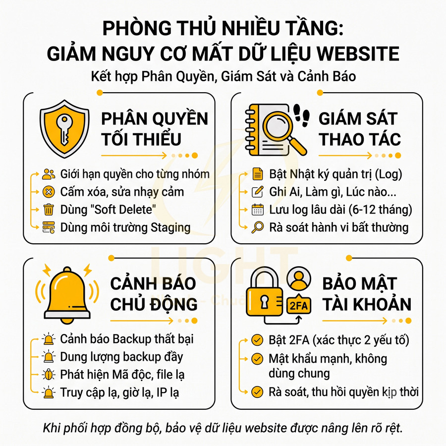 Infographic hướng dẫn bảo vệ dữ liệu website với phân quyền tối thiểu, giám sát thao tác, cảnh báo chủ động và bảo mật tài khoản