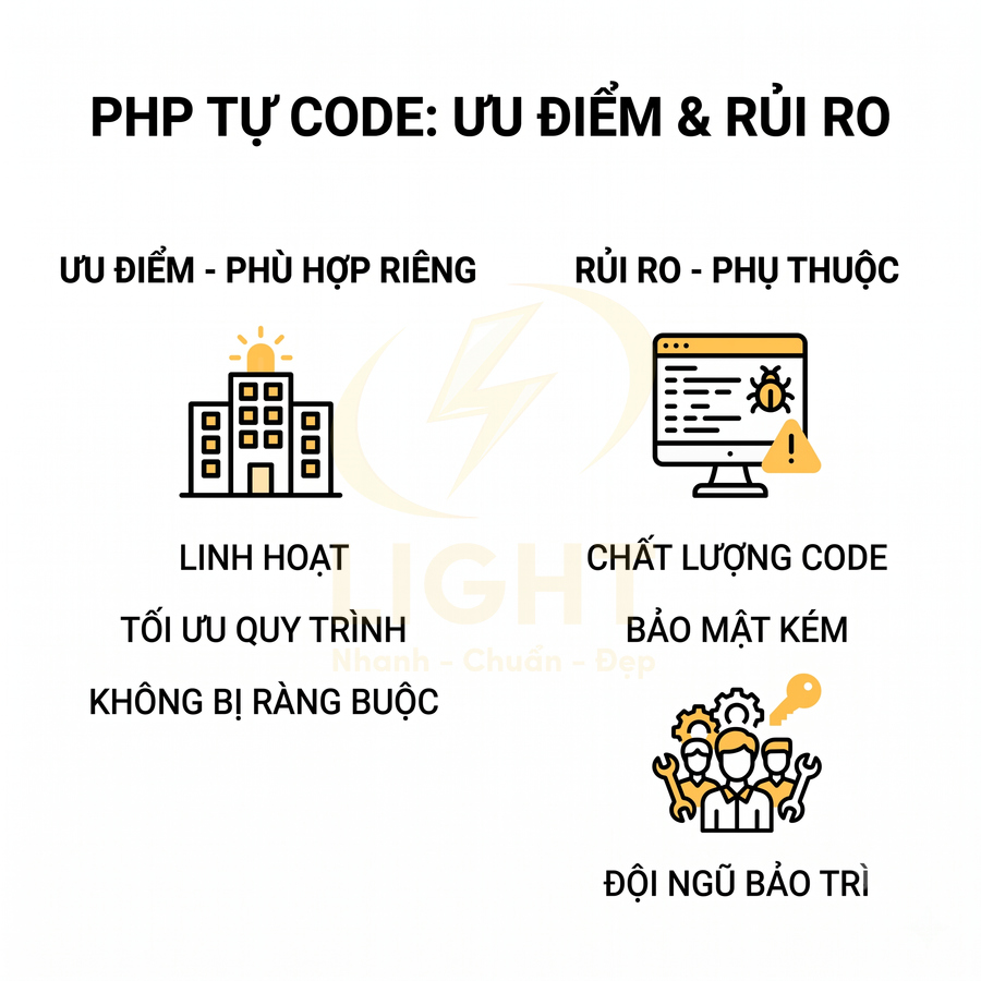 So sánh ưu điểm và rủi ro khi tự code PHP, nêu tính linh hoạt, tối ưu quy trình và các vấn đề bảo mật, bảo trì