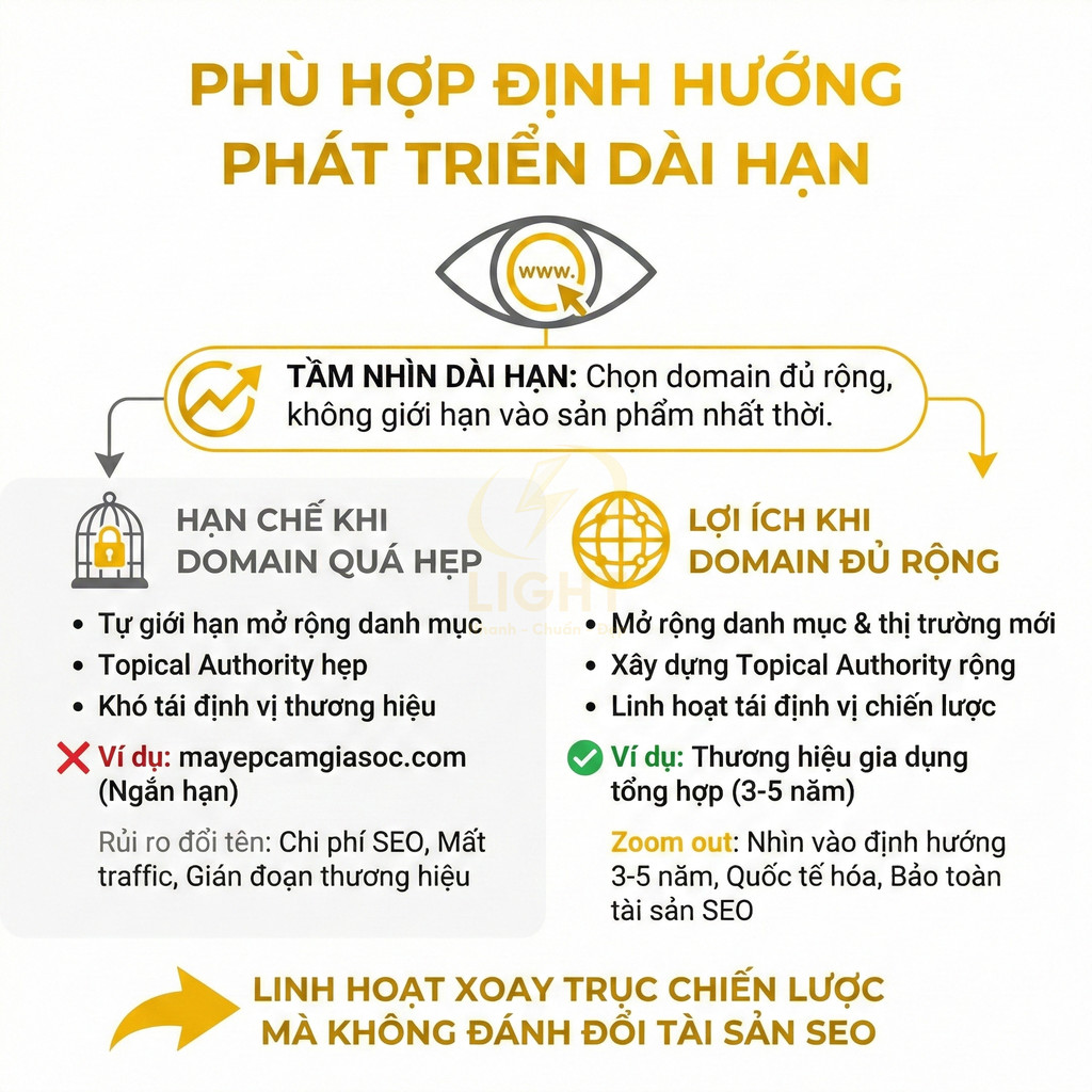 Infographic hướng dẫn chọn domain đủ rộng để phát triển dài hạn và linh hoạt chiến lược SEO