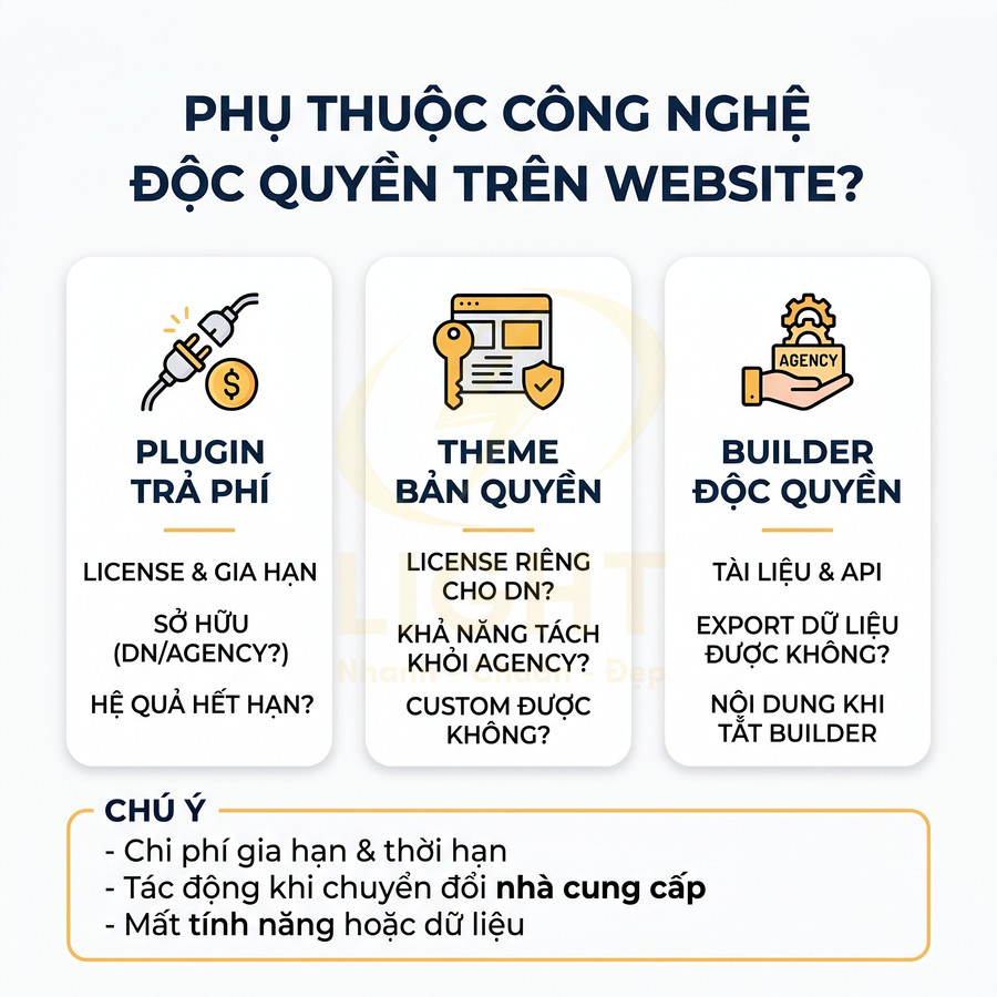 Infographic về rủi ro phụ thuộc plugin trả phí, theme bản quyền và builder độc quyền trên website