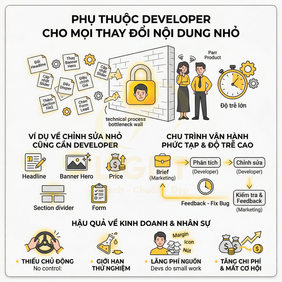 Infographic mô tả doanh nghiệp phụ thuộc developer cho mọi chỉnh sửa nội dung nhỏ trên website