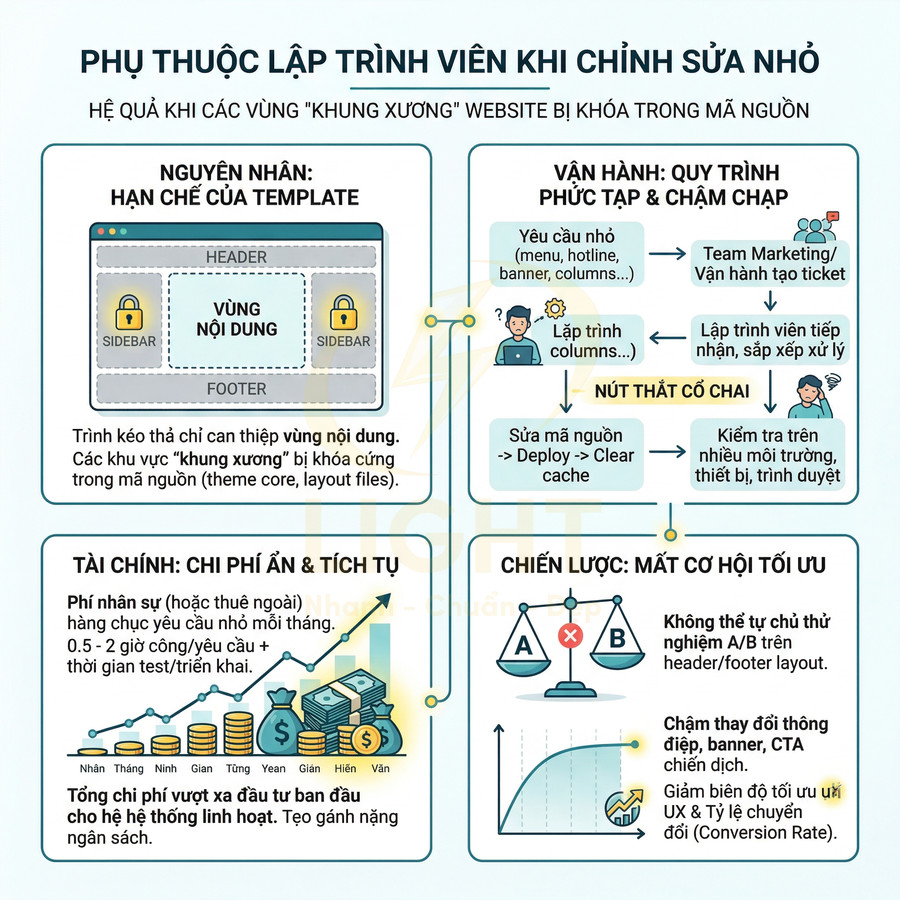 Infographic mô tả hệ quả phụ thuộc lập trình viên khi chỉnh sửa nhỏ trên website và chi phí cơ hội cho doanh nghiệp