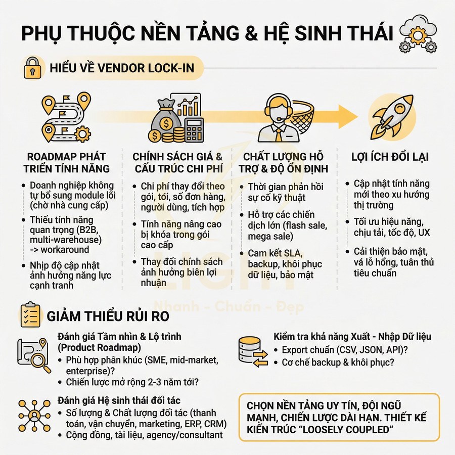 Infographic về phụ thuộc nền tảng và hệ sinh thái, giải thích vendor lock in và cách giảm thiểu rủi ro cho doanh nghiệp