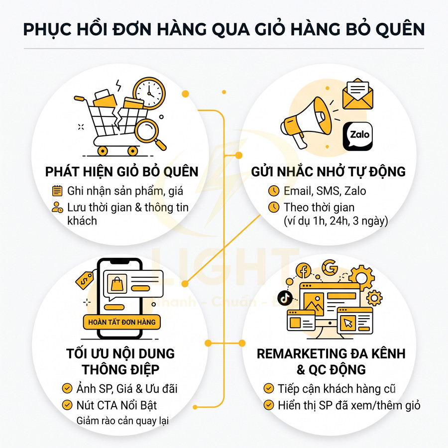 Infographic quy trình phục hồi đơn hàng qua giỏ hàng bỏ quên với phát hiện, nhắc nhở tự động và remarketing đa kênh