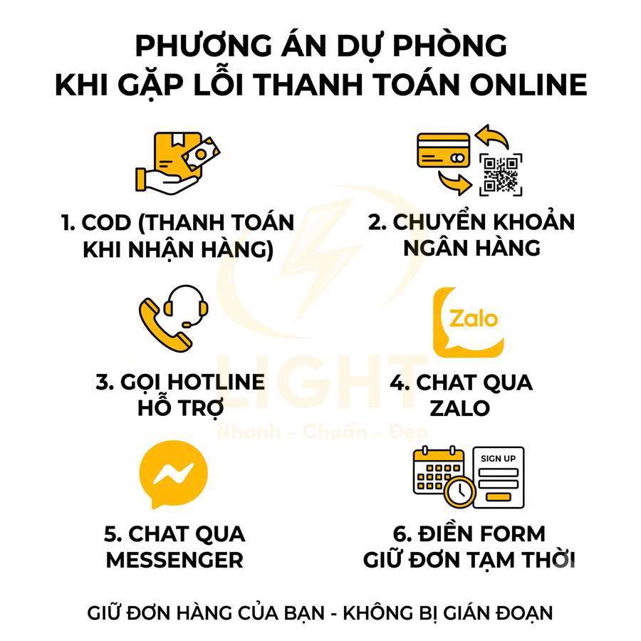 Hướng dẫn các phương án dự phòng khi lỗi thanh toán online như COD, chuyển khoản, Zalo, Messenger, hotline, điền form