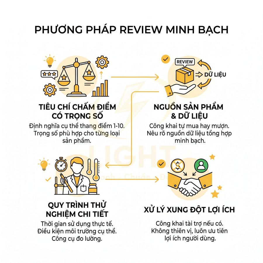 Phương pháp review minh bạch với tiêu chí chấm điểm, nguồn sản phẩm dữ liệu, quy trình thử nghiệm và xử lý xung đột lợi ích