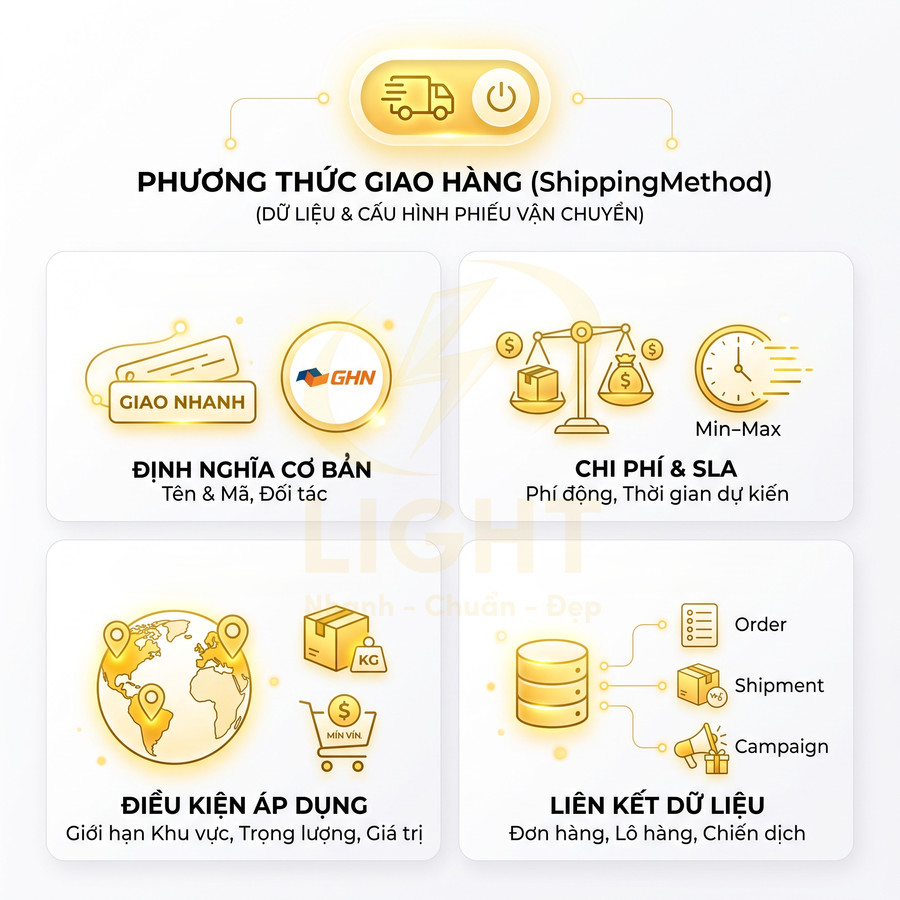 Minh họa phương thức giao hàng ShippingMethod với các mục định nghĩa cơ bản chi phí SLA điều kiện áp dụng và liên kết dữ liệu