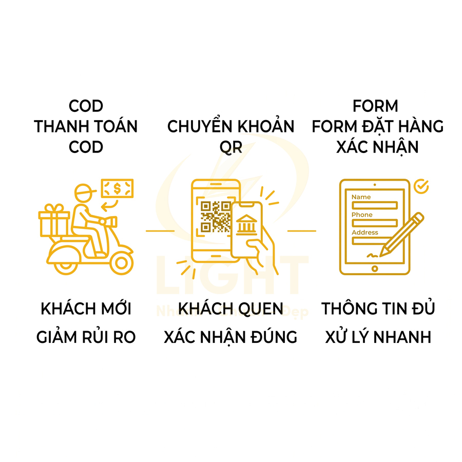 Hình minh họa các phương thức thanh toán COD, chuyển khoản QR và form đặt hàng xác nhận cho khách hàng
