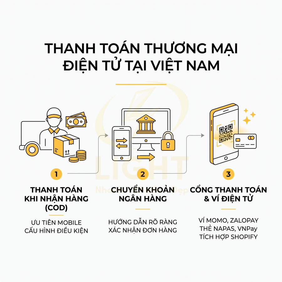 Các hình thức thanh toán thương mại điện tử tại Việt Nam gồm COD, chuyển khoản ngân hàng, ví điện tử MOMO ZaloPay