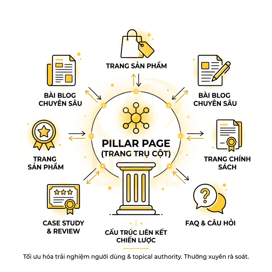 Mô hình pillar page trong SEO với các trang sản phẩm, blog chuyên sâu, case study, FAQ và trang chính sách liên kết