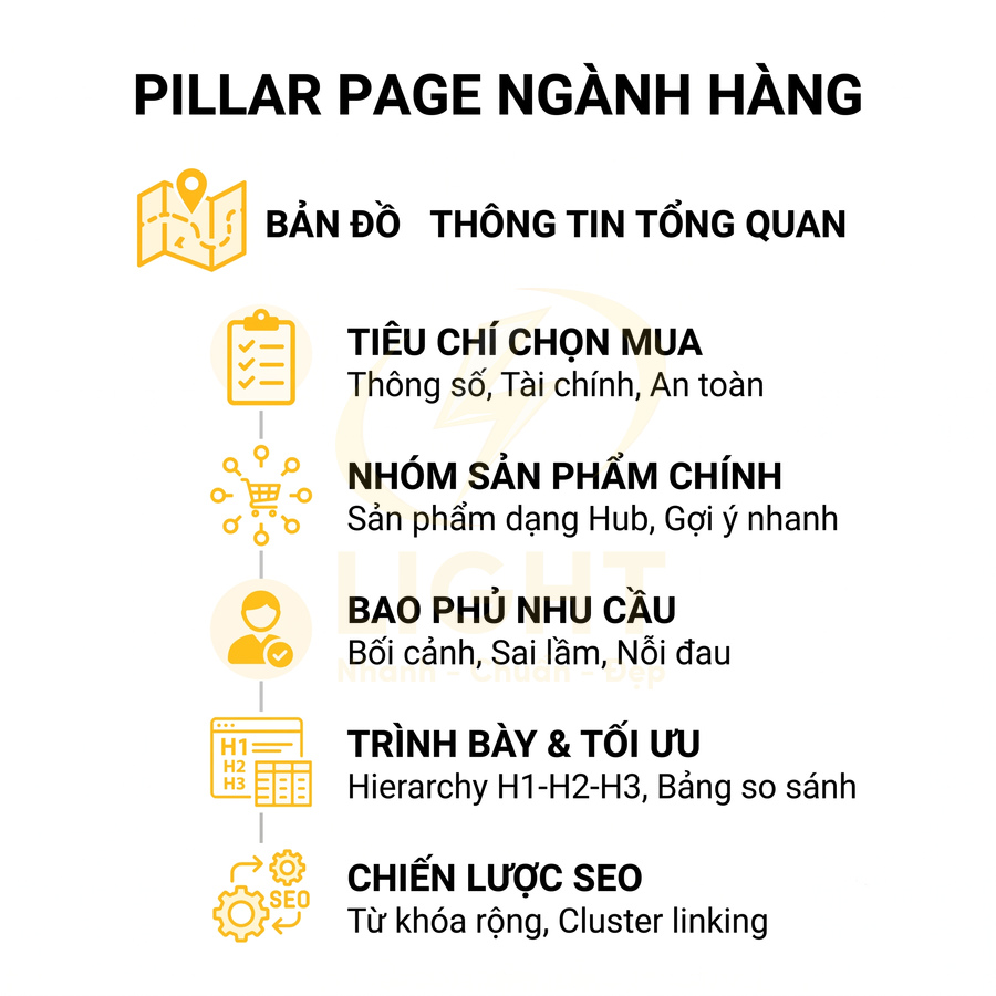 Pillar page ngành hàng với các mục tiêu chí chọn mua, nhóm sản phẩm chính, bao phủ nhu cầu, trình bày tối ưu và chiến lược SEO