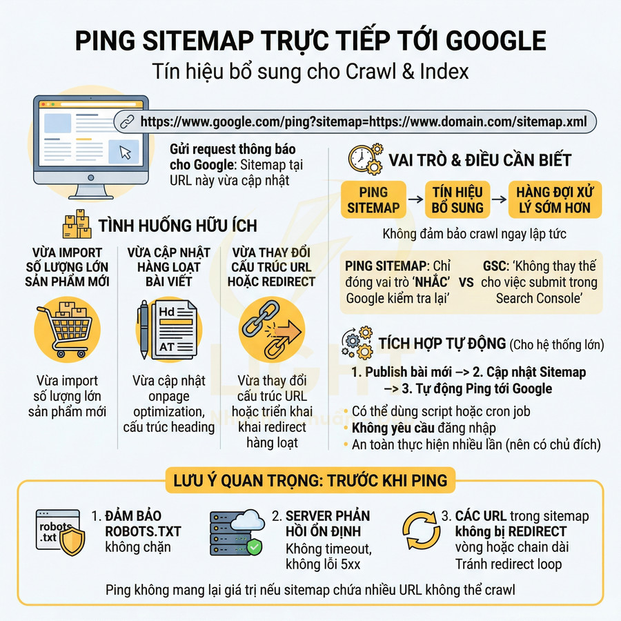 Hướng dẫn ping sitemap trực tiếp tới Google, giải thích lợi ích, tình huống sử dụng và lưu ý kỹ thuật cho SEO