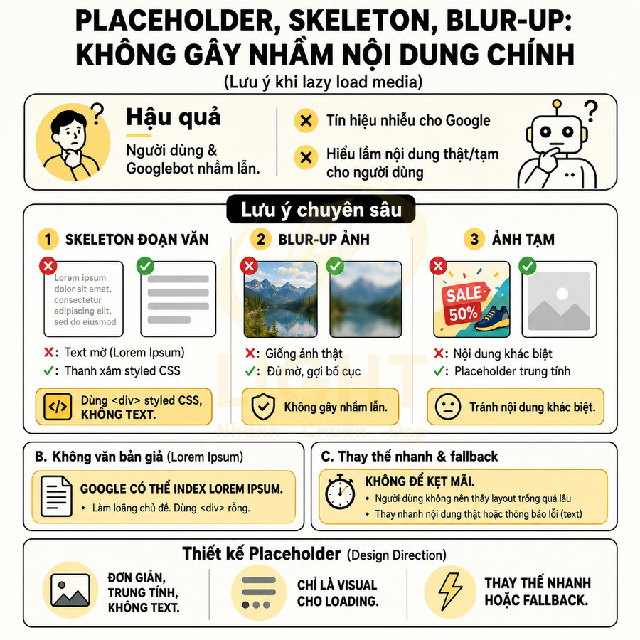 Infographic hướng dẫn dùng placeholder, skeleton, blur-up ảnh đúng cách để tránh gây nhầm lẫn nội dung chính
