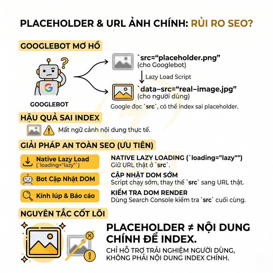 Infographic giải thích rủi ro SEO khi dùng placeholder cho ảnh và hướng dẫn lazy load, cập nhật DOM, kiểm tra Googlebot