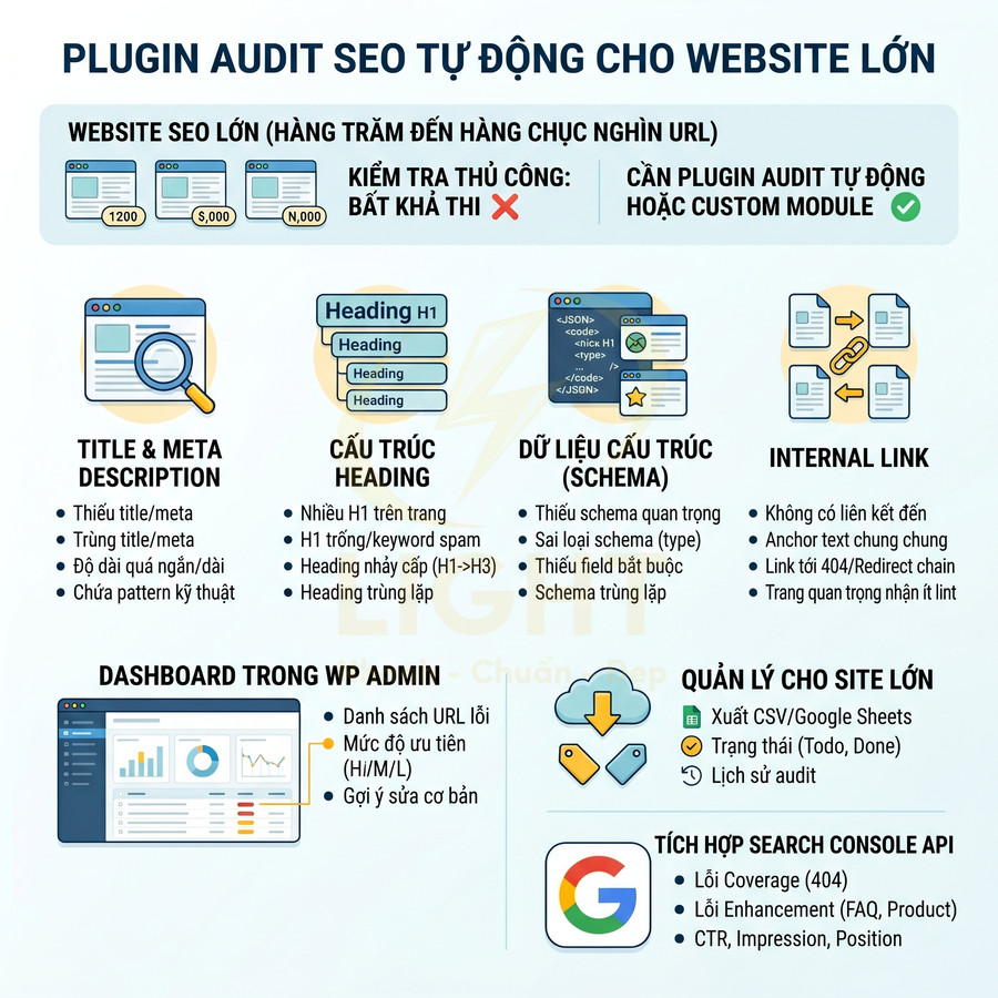 Plugin audit SEO tự động cho website lớn với các tính năng kiểm tra title, heading, schema, internal link và tích hợp Search Console