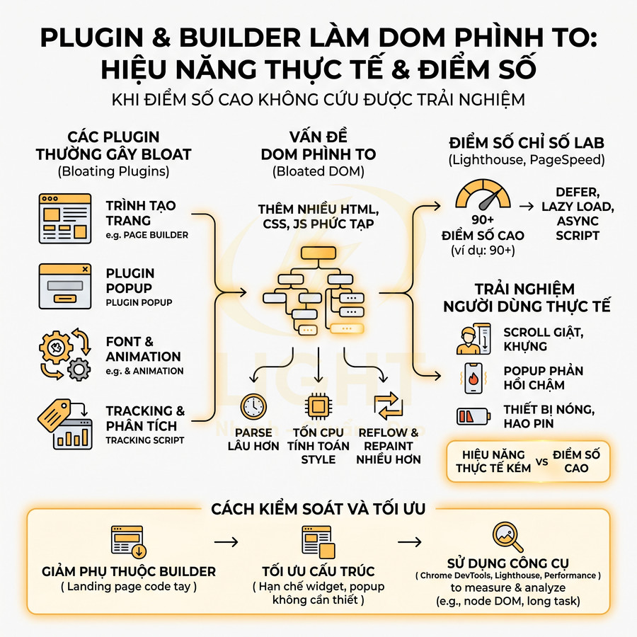 Infographic giải thích plugin và page builder làm DOM phình to, giảm hiệu năng website và cách tối ưu cấu trúc, hạn chế bloat