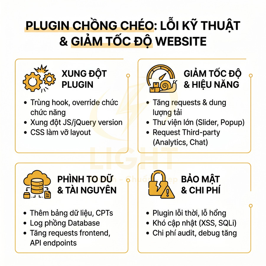 Infographic cảnh báo rủi ro plugin chồng chéo gây lỗi kỹ thuật, giảm tốc độ, phình dữ liệu và tăng rủi ro bảo mật website
