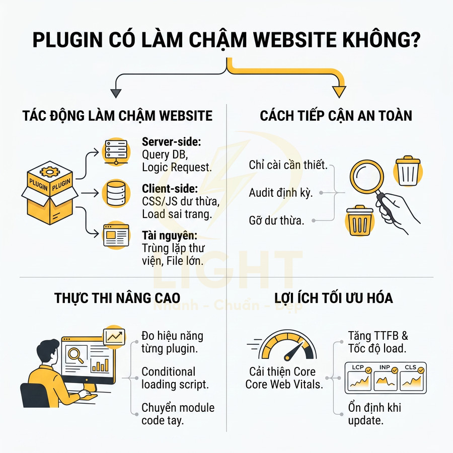 Infographic về plugin có làm chậm website và cách tối ưu hiệu năng, cải thiện Core Web Vitals
