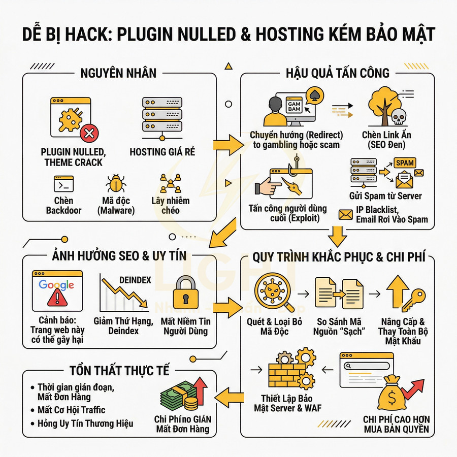 Infographic cảnh báo rủi ro bảo mật khi dùng plugin nulled và hosting giá rẻ cho website WordPress