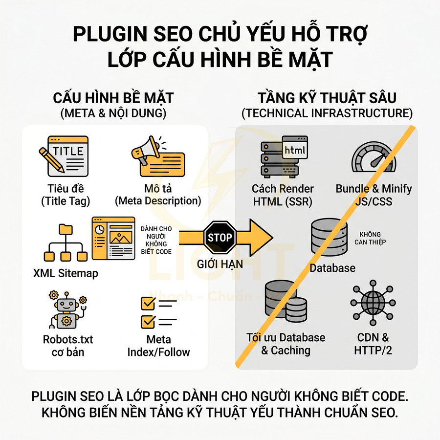 Minh họa plugin SEO hỗ trợ cấu hình bề mặt như tiêu đề, meta description, sitemap, robots và giới hạn về kỹ thuật sâu