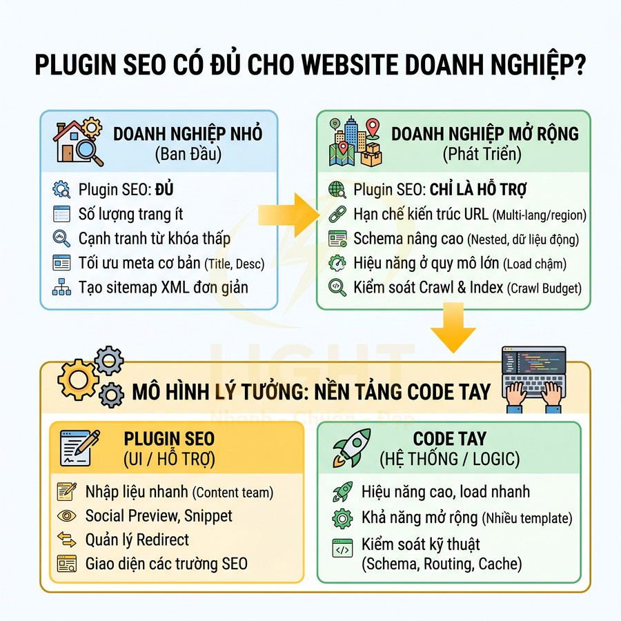 Infographic so sánh plugin SEO và nền tảng code tay cho website doanh nghiệp nhỏ và doanh nghiệp mở rộng
