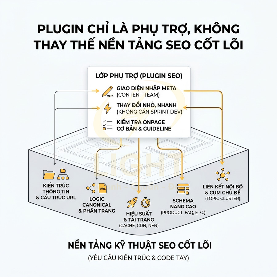 Mô hình minh họa vai trò plugin SEO phụ trợ trên nền tảng kỹ thuật SEO cốt lõi cho website