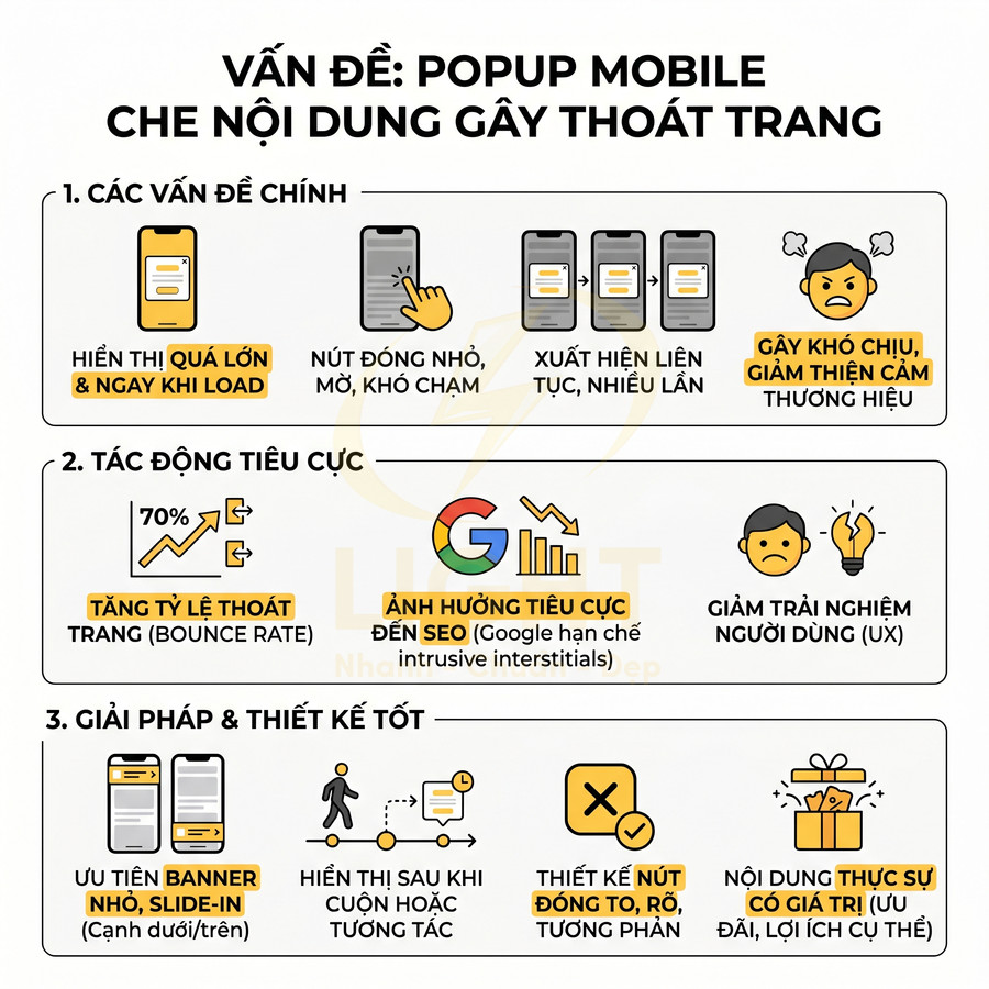 Infographic về vấn đề popup mobile che nội dung, tác động xấu đến SEO và UX và gợi ý giải pháp thiết kế tốt