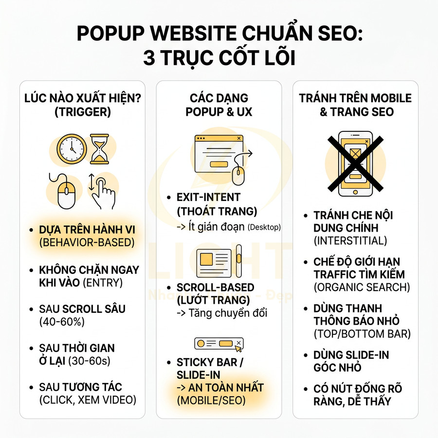 Hướng dẫn popup website chuẩn SEO với 3 trục cốt lõi về thời điểm xuất hiện, dạng popup UX và lưu ý trên mobile